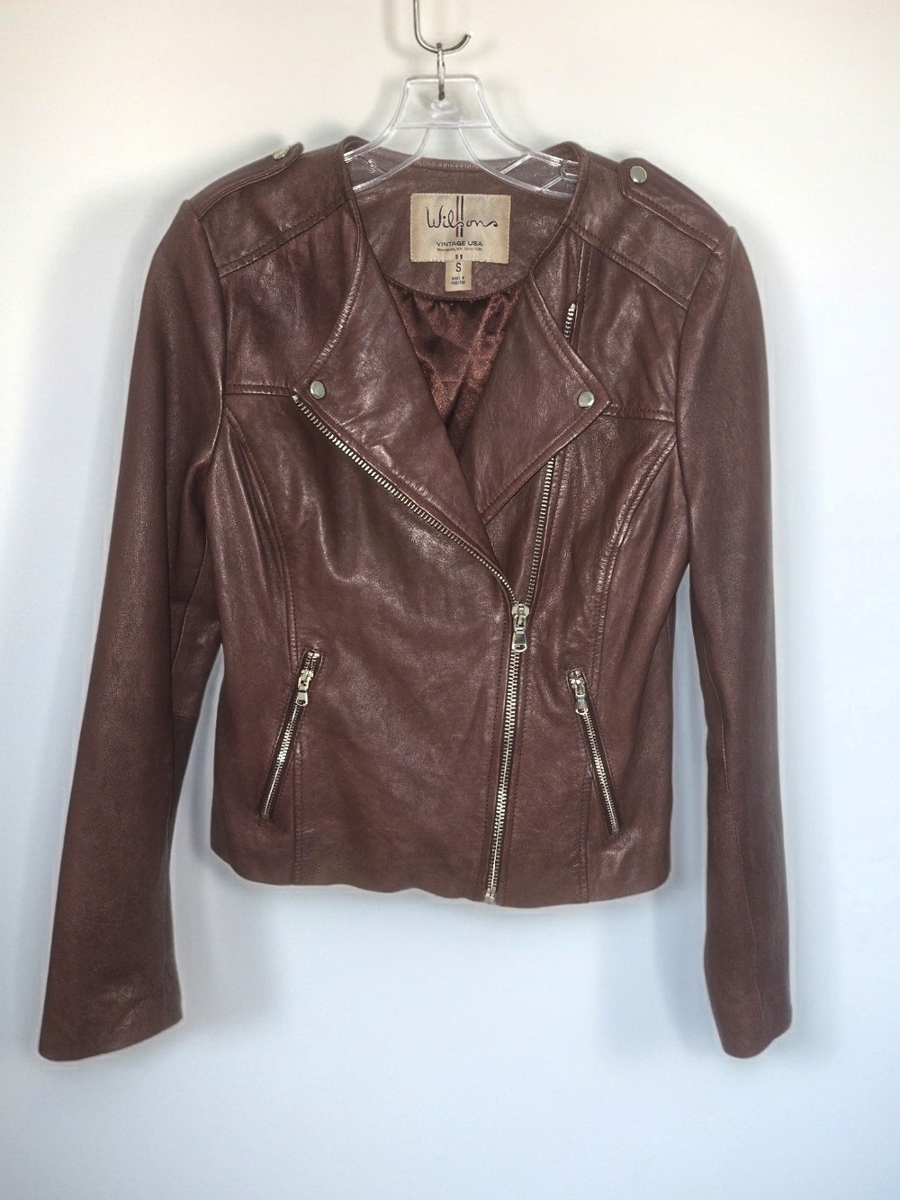 Wilson Women's Chestnut 100% Leather Moto Biker Asymmetrical Zip Jacket Size S